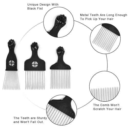 6 Pack Curly Afro Hair Metal Hair Picks, Metal Tool Hair Combs for Men Women Afro Wigs (Black)
