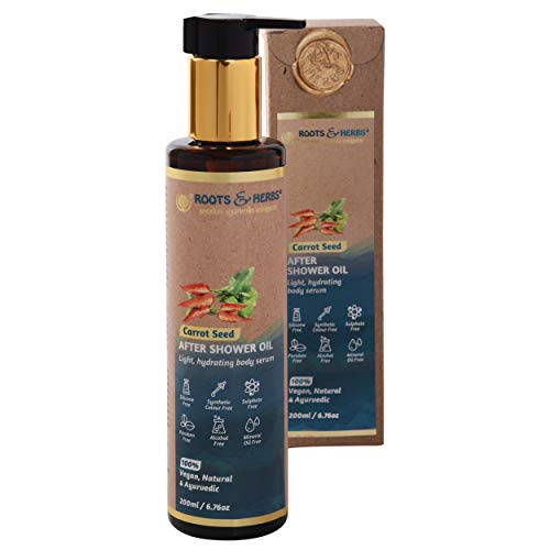 Carrot Seeds After Shower Body Oil - Hydrating Body Oil for Dry Skin with Ayurvedic Herbs, Sweet Almond, Apricot, Pomegranate Essential Oils - Body Moisturizer for Women & Men - Roots & Herbs, 6.76oz