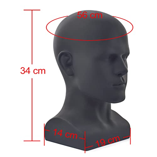 Male Mannequin Head 34cm Matte Black Display Stand