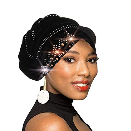 Bohend Vintage Rhinestone Turban Sleep Headwrap Wide Sparkly Sleep Turban Headband Crystal Muslim Hat Headwear Beanie Pre-Tied Bonnet Velvet Hat Cap Hair Wrap for Women and Girls (Black)