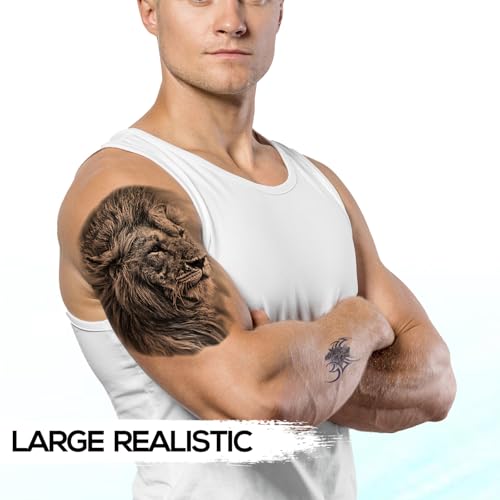 6 Sheets Realistic Lion Head Temporary Tattoos ? Fake Tattoo Stickers for Men, Women, and Teens ? Bold Lion Design for Cosplay, Parties, and Halloween