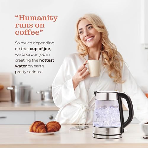 Speed-Boil Electric Kettle For Coffee & Tea - 1.7L Water Boiler 1500W, Borosilicate Glass, Easy Clean Wide Opening, Auto Shut-Off, Cool Touch Handle, LED Light. 360° Rotation, Boil Dry Protection