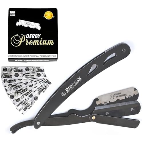 Promax Care Professional Barber Straight Edge Razor Safety with 100-Pack Derby Blades - 100 Percent Stainless Steel (BLACK)