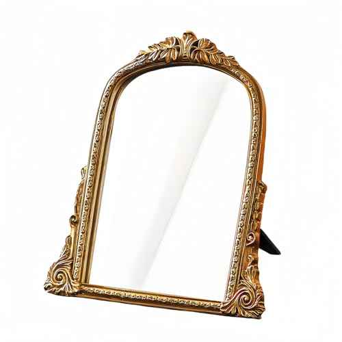 Vintage Gold Vanity Makeup Desk Mirror - Antique Chic Arch Table Mirror with Carved Resin Frame, Small Standing Arendahl Mirror for Living Room, Bedroom, Tabletop (13.2" x 12.8")