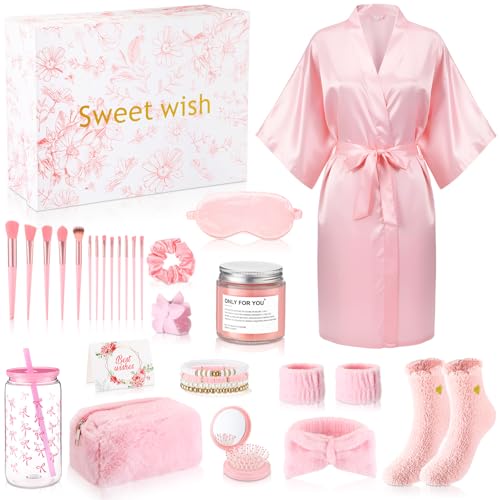 15 Pcs Birthday Gifts for Women Robe Sets for Women Spa Basket Set Graduation Gifts Bath Robe Make up Brushes Scented Candle Fluffy Socks Coffee Cup for Mom Nurse Girlfriend Wife(Pink)