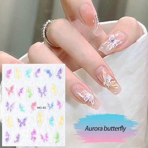 Butterfly Nail Art Stickers 3D Self-Adhesive Aurora Butterfly Nail Decals Blue Purple Pink Shining Glitter Butterfly Nail Art Design Supplies Manicure Sticker for Women Nails DIY Decorations 5 Sheets