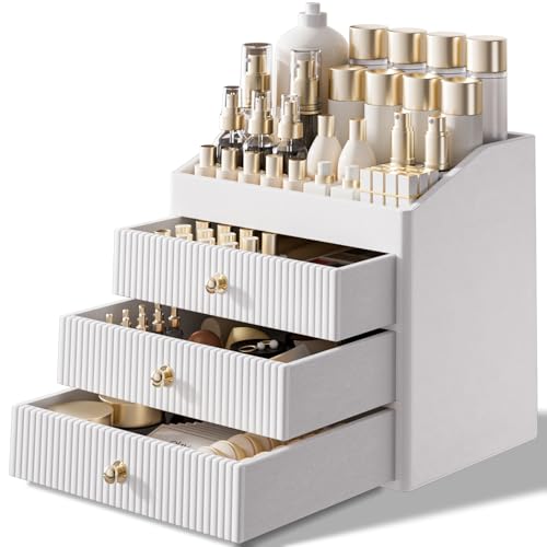 Beige Leather Vanity Organizer with 3-Tier Drawers