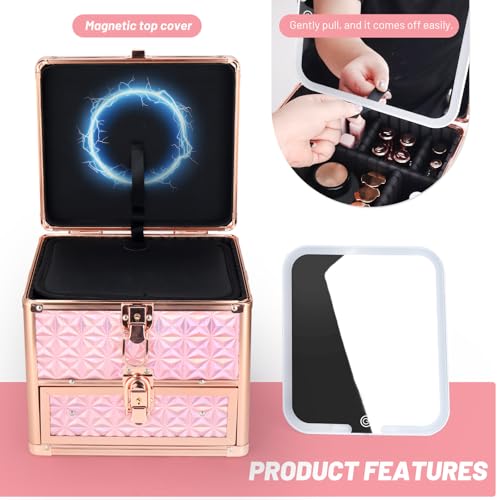 Makeup Case with Drawer, Travel Makeup Train Case with Magnetic LED Mirror, Cosmetic Organizer with Adjustable Divider - Sparkling Pink