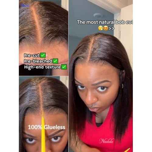 Nadula Yaki Straight Bob Drawstring Wig Human Hair Glueless Pre Cut 7x5 HD Bye Bye Knots Lace Front Wig Pre Plucked Invisible Knots Ready to Wear Short Light Yaki Bob Wigs 150% Density 14inch