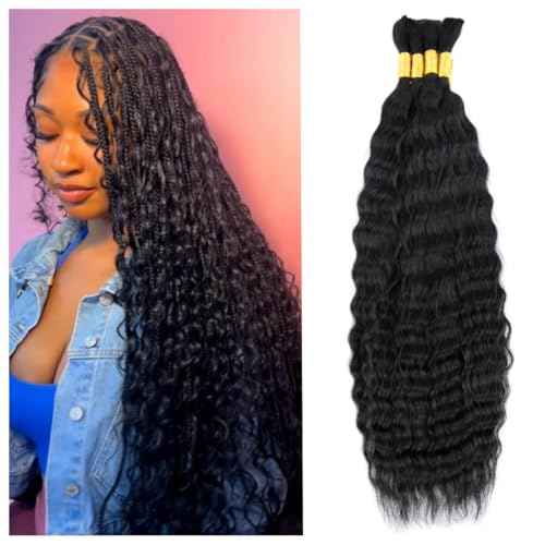 Super Wave Bulk Human Hair Wet and Wavy Human Braiding Hair Super French Braiding Hair For Bohe Braids No Weft 100g (1Pack-4PCS) 100% Virgin Human Hair For Boho Braids (Natural Black, 18 Inch)