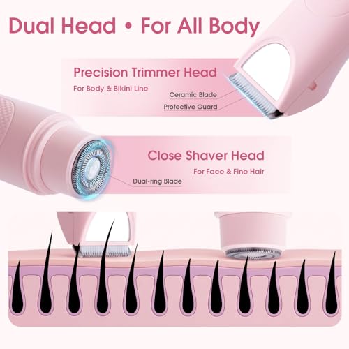 Glowlyns Bikini Trimmer for Women with Built-in Mirror - Dual Head Electric Razor Pink