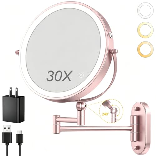ZLOKLA 9" Wall Mounted Lighted Makeup Mirror - 1X/30X Magnification, Rechargeable, 360° Rotation, Touch Dimmable, 3 Color Lights
