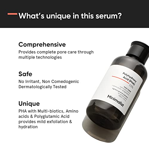 Minimalist 3% PHA Alcohol Free Hydrating Face Toner for Pore Tightening | Mild Exfoliation, pH Balancing & Rebalancing Skin Microbiome | for Women & Men | 5 Fl Oz / 150 ml