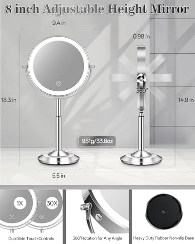 LED Makeup Mirror 30X Magnification, Rechargeable Vanity Mirror