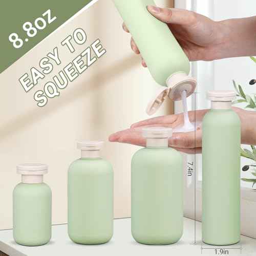 ASEVAT 8.8oz 4Pcs Green Plastic Refillable Travel Shampoo and Conditioner Bottles Plastic Refillable Travel Shampoo Bottles with Flip Cap Shampoo and Conditioner Dispenser