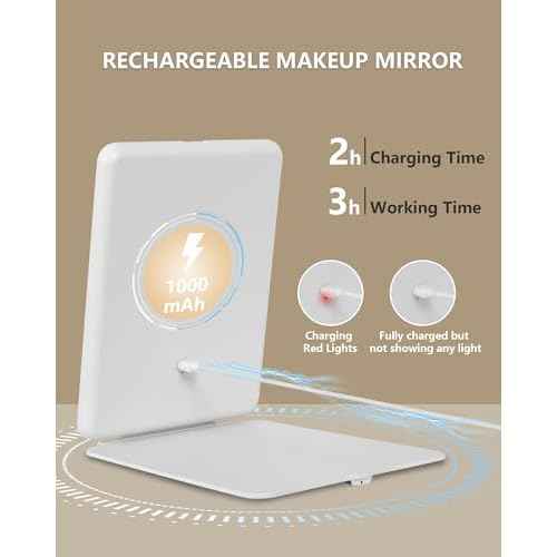 Travel Mirror with Lights Makeup Mirror Touch Screen 3 Colors Light 72 LEDs Rechargeable, 1000mHA 7.9x5.3-Inch Desk Compact Mirror White