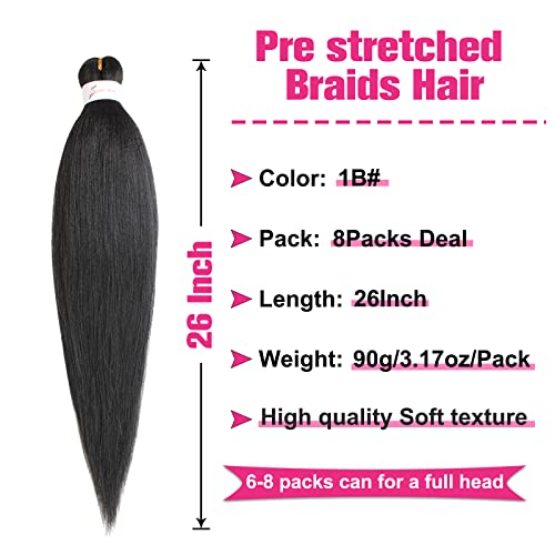 Unionbeauty 8 Packs Pre Stretched Braiding Hair 26 Inch Synthetic Natural Black Braiding Hair Hot Water Setting Crochet Hair for boho box Braid Soft Yaki Texture Hair Extensions Crochet Braids(1B#)