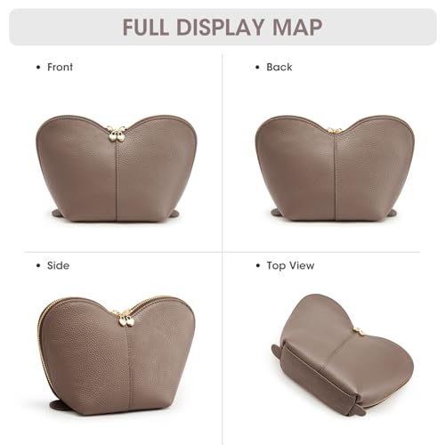Kattee Leather Makeup Bag, Travel Large capacity Comestic Bag for Women, Heart Shaped Portable Organizer Toiletry Bag for Working,Khaki