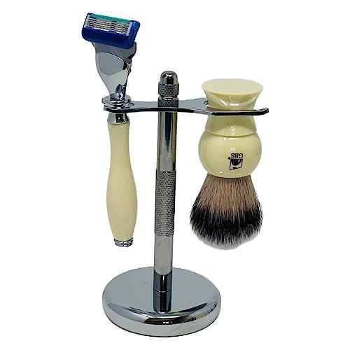 G.B.S Men's Shaving Set Five Blade Razor, Synthetic Brush and Razor Dual Stand, Ivory Shaving Mug with G.B.S Shave Soap Alum Block Travel Brush Tube and Pre Shave Oil