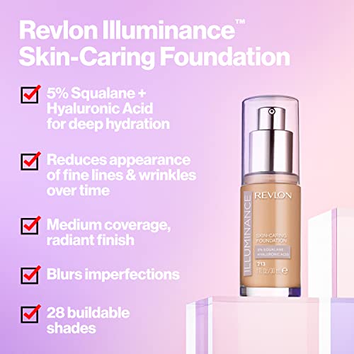 Revlon Illuminance Skin-Caring Liquid Foundation, Hyaluronic Acid, Hydrating and Nourishing Formula with Medium Coverage, 209 Buff Beige, 1 fl oz