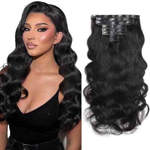 Caliee 16 Inch Body Wave Clip in Hair Extensions Real Human Hair Invisible Skin Weft Virgin Human Hair Soft 8Pcs 115G Natural Black Body Wave Clip ins Human Hair