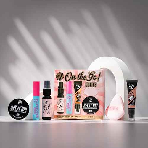 W7 On the Go Cuties Gift Set - Mini Makeup Essentials with Primer, Mascara, Setting Spray, Loose Powder & Powder Puff - Travel Size Beauty Favourites - Stocking Stuffer