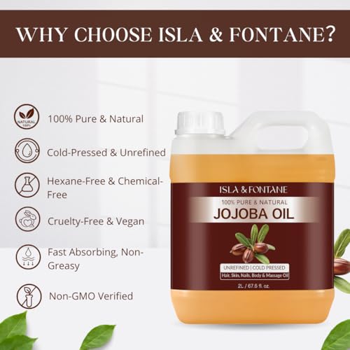 ISLA & FONTANE Jojoba Oil Set ? 67.6 Fl Oz (2L) | 100% Pure & Natural | Golden, Unrefined, Cold Pressed | 2 Dropper Bottles & Massager | Hexane-Free Carrier Oil for Skin, Hair, Face, Nails & Body