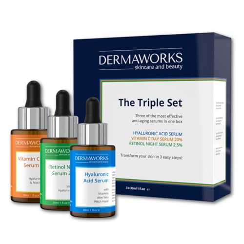 FACIAL SERUMS SKIN CARE SET ? VITAMIN C Serum for Face with Niacinamide - RETINOL with Vitamin E ? HYALURONIC ACID Serum with Aloe Vera - Brightening, Hydrating, Renewing, Anti Aging by DERMAWORKS