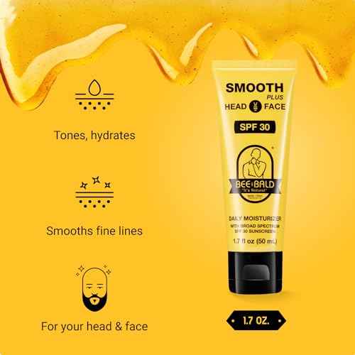 Bee Bald SMOOTH PLUS Head & Face Moisturizer with SPF 30 Sunscreen Lotion Protecting Skin From Harmful UVA/UVB Rays While Hydrating, Moisturizing and Toning, 1.7 Fl Oz (Pack of 2)
