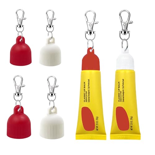 Lip Balm Cap Holder with Keychain, Portable Replacement Cover Compatible with Carmex Classic Lip Balm 0.35 oz, Leak-Proof Design, Never Lose Your Lip Gloss Again (Red+White, 4 Pack)