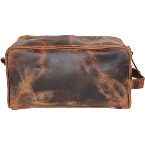 jaald Men's Genuine Brown Leather Toiletry Bag Shaving Bags And Grooming For Travel Groomsmen Gift Men Women Hanging Zippered Makeup Bathroom Cosmetic Pouch Case Make Up kit