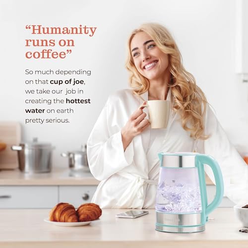 Speed-Boil Water Electric Kettle, 1.7L 1500W, Coffee & Tea Kettle Borosilicate Glass, Water Boiler, Auto Shut-Off, Cool Touch Handle, Base Detachable, LED. 360° Rotation, Boil Dry Protection (Aqua)