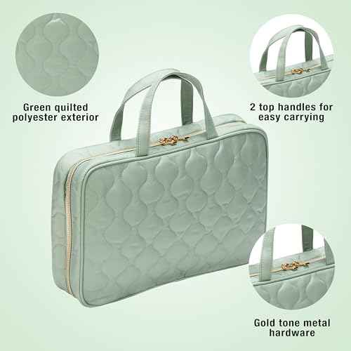 Conair Travel Toiletry Bag with Handles, Travel Makeup Bag, 2 Clear Zippered Compartments, 2 Flat-Zip Pockets and Removable Clear Plastic Pencil Case, Easy to Clean, 1 Count, Sage Green