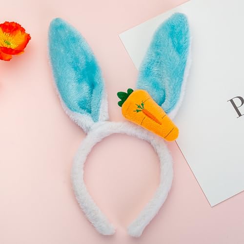 AEGYPIUS Easter Bunny Ears Headband for Girls Plush Rabbit Ears Hairbands for Kids and Adults Easter Headwear with Carrot Decor Easter Costume Accessories for Easter Party Decoration (Blue)