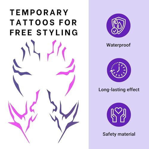 Purple Temporary Tattoo Stickers ? 4 PCS Purple Tattoos and 4PCS UV Fluorescent (Under Altraviolet Lamps) Temporary Tattoos Realistic Waterproof Body Art for Cosplay, Halloween, and Party Makeup