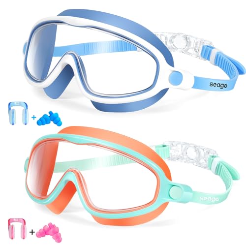 Kids Goggles for Swimming 2 Pack No Leaking Anti-Fog Outer Eye Fit with Wide View UV Protection Crystal Clear Watertight Swim Goggles with nose cover Suitable for Children Youth Boys Girls Age 3 to 15