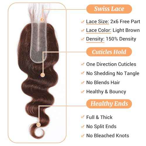 2x6 Closure Human Hair 20 Inch HD Transparent Lace 2x6 Body Wave Closure Middle Part Brazilian 4# Brown Human Hair Closure With Baby Hair