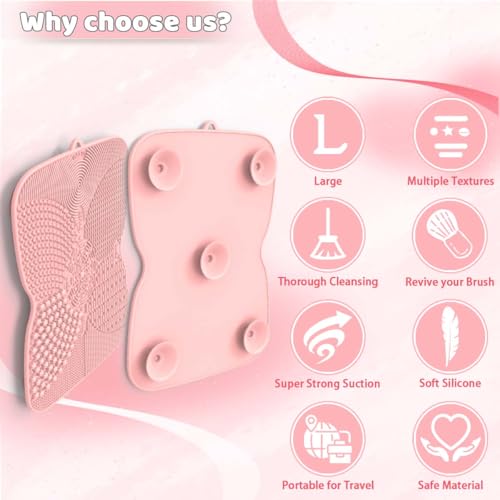 Silicone Makeup Brush Cleaner Pad with Suction Cup, 8 Textures, Stable, Makeup Brush Cleaning Mat (Pink)