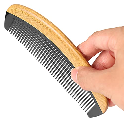 Onedor Buffalo Horn With Handmade 100% Natural Green Sandalwood Hair Combs - Anti-Static Sandalwood Scent Natural Hair Detangler Wooden Combs (Buffalo Horn Oval Fine Tooth)