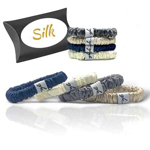 Silk Scrunchies for Women No Damage Mulberry Silk No Slip 4 Pack-Elastic Ponytail Girls Hair Ties | Skinny Hair Ties for Thin Thick Wavy or Curly Hair | No Crease for Sleep and Sports (4, Neutral)
