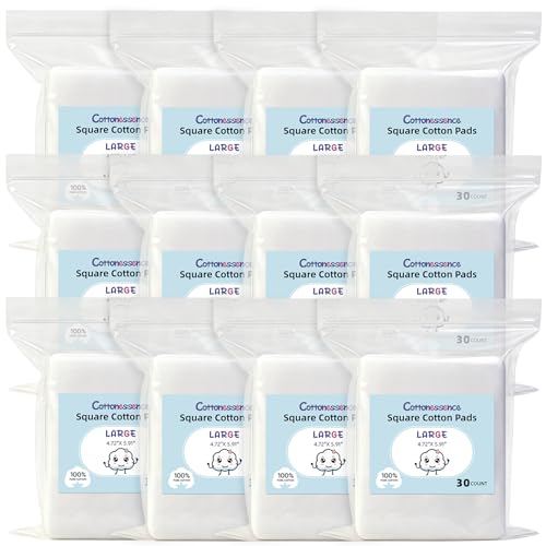 Cottonessence Large Square Cotton Pads 360 Count Pack - Hypoallergenic, Soft, Lint-Free for Makeup & Skincare