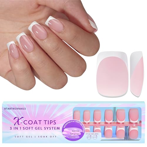 BTArtboxnails XCOATTIPS French Tip Nails - Short Press On Nails, 160 Pcs Pink Square Soft Gel Nail Tips Pre-applied Tip Primer & Base Coat, No Need File False Nails for Nail Art DIY, 16 Sizes