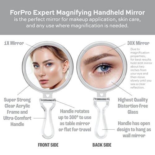ForPro 30X Magnifying Hand Mirror, 5” Diameter, Folding Handle - Clear