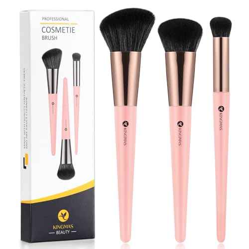 KINGMAS Foundation Makeup Brushes, 3Pcs Kabuki Contour Concealer Makeup Brush Set, Vegan & Cruelty-Free, Synthetic Cosmetic Under Eye & Blusher Face Brush (Pink)