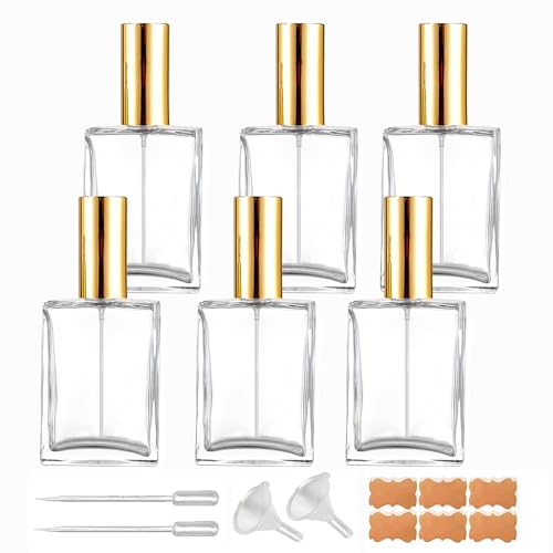 6 Pack 1.7 oz Clear Square Glass Spray Bottle for Essential Oil, 50ml /1.7 oz Fine Mist Spray Bottles for Perfume, Refillable Liquid Containers (Clear, 50ml)