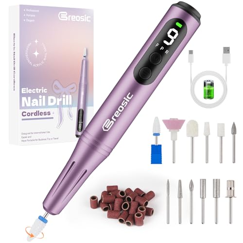 Breosic Pinkish Purple Electric Nail Drill Kit with 12 Bits for Gel & Acrylic Nails
