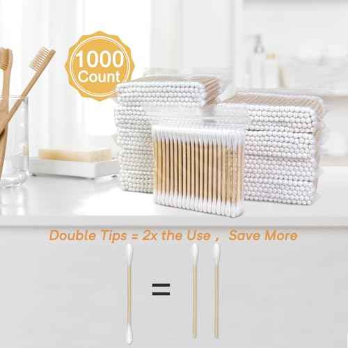 Bamboo Cotton Swabs 1000 Count in Storage Box, Double-Tipped Organic Cotton Buds with Durable Bamboo Sticks, for Makeup, Ear Care, Cleaning, Crafts