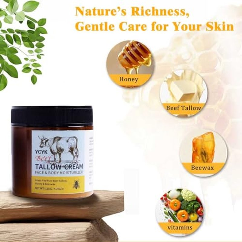 Beef Tallow for Skin,OrganicGrass-Fed Beef Tallow & Honey Balm,Deeply Hydrating Face & Body Cream with Natural Beeswax,Repairing Moisturizer for All Skin Types,Face Creams120g/4.2oz(Honey Scent)