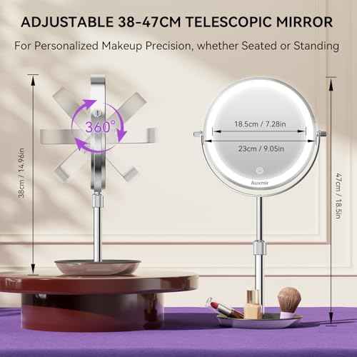 Auxmir 9" Large Lighted Makeup Mirror with Magnification, 1X/30X Double Sided Magnifying Mirror with Adjustable Height, Rechargeable Vanity Mirror with 3 Color Dimmable Lights, 360¡Æ Rotation