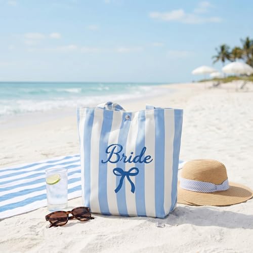 Blue Striped Canvas Tote Bag for Beach, Bridesmaid & Summer Party